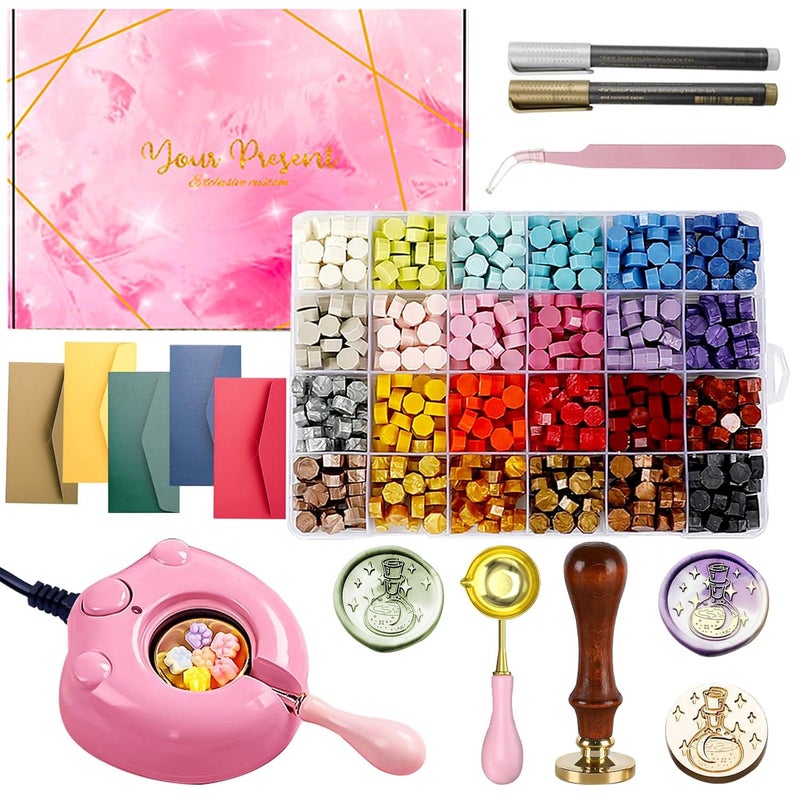 MONVICT 732 Pcs Wax Seal Stamp Kit with Pink Gift Box, Electric Wax Seal Warmer, Sealing Beads, Stamp, Spoon, Pens, Envelopes, Tweezers Gift for Kids Girls Crafter DIY - Image 1
